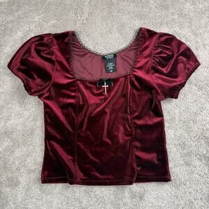 Cosmic Aura Hot Topic Burgundy Velvet Puff Sleeve Cross Bow Top Size M Goth